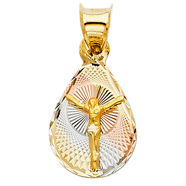 14K Gold Diamond Cut Jesus Crucifix Stamp Charm Pendant with 0.9mm Wheat Chain Necklace