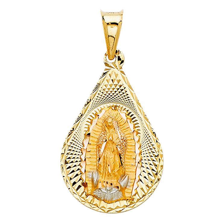 14K Gold Diamond Cut Guadalupe Stamp Charm Pendant with 1.1mm Wheat Chain Necklace