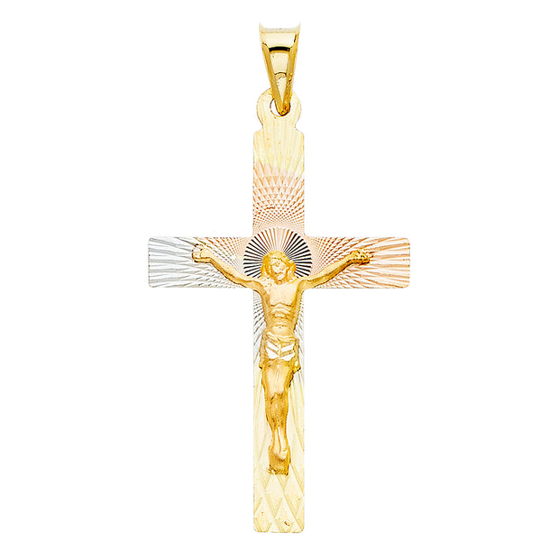 14K Gold Crucifix Jesus Cross Stamp Pendant with 2.6mm Valentino Star Chain