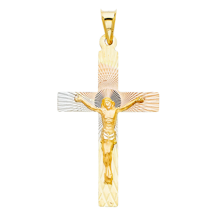 14K Gold Crucifix Jesus Cross Stamp Pendant with 2.6mm Valentino Star Chain