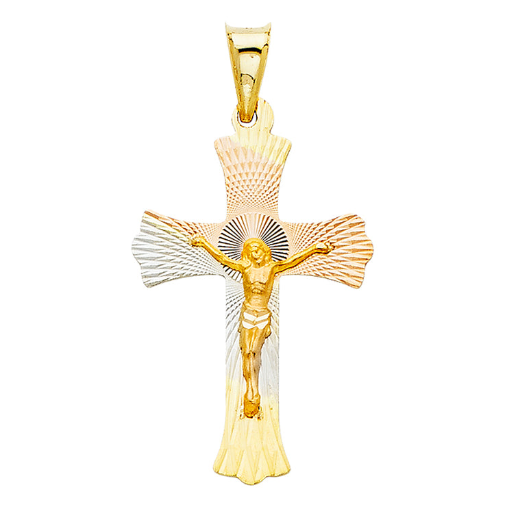 14K Gold Diamond Cut Crucifix Jesus Cross Stamp Charm Pendant with 1.1mm Wheat Chain Necklace