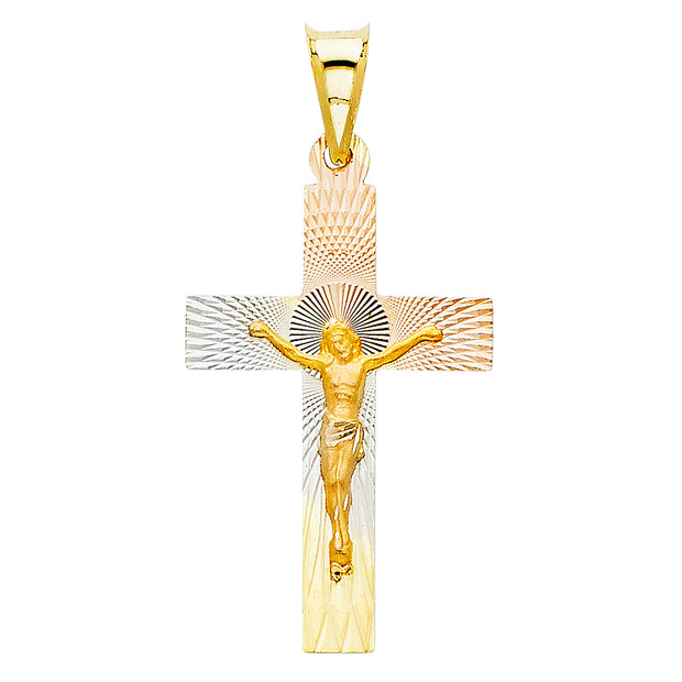 14K Gold Diamond Cut Crucifix Jesus Cross Stamp Religious Charm Pendant with 1.2mm Box Chain Necklace