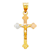 14K Gold Crucifix Jesus Cross Stamp Pendant with 2mm Figaro 3+1 Chain