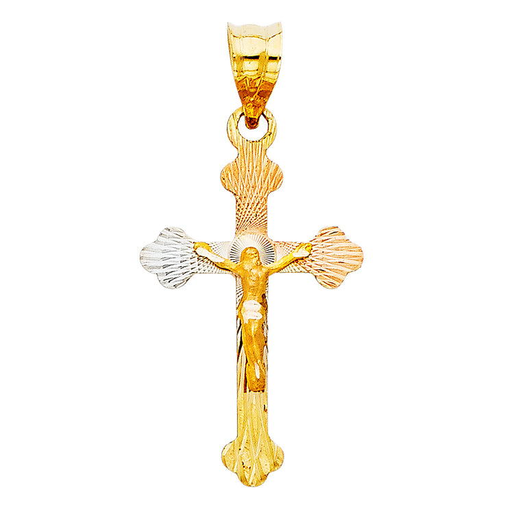 14K Gold Diamond Cut Crucifix Jesus Cross Stamp Charm Pendant with 1.1mm Wheat Chain Necklace