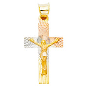 14K Gold Diamond Cut Crucifix Jesus Cross Stamp Charm Pendant with 0.9mm Wheat Chain Necklace