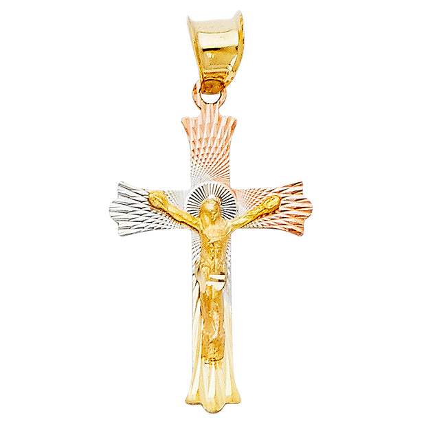 14K Gold Diamond Cut Crucifix Jesus Cross Stamp Religious Charm Pendant with 0.8mm Box Chain Necklace