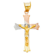 14K Gold Diamond Cut Crucifix Jesus Cross Stamp Charm Pendant with 0.9mm Wheat Chain Necklace