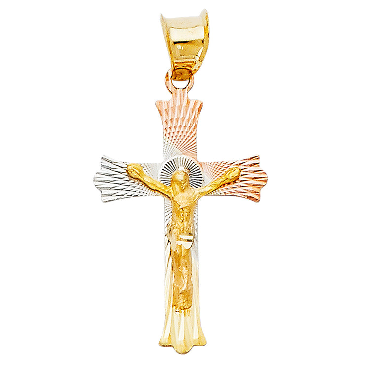 14K Gold Diamond Cut Crucifix Jesus Cross Stamp Charm Pendant with 0.9mm Wheat Chain Necklace