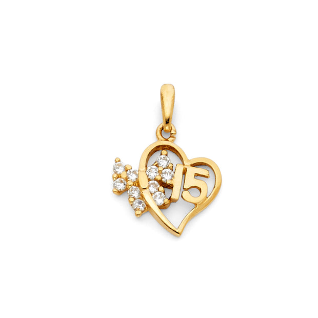 14K Gold Quinceanera Heart CZ Pendant with 2mm Figaro 3+1 Chain