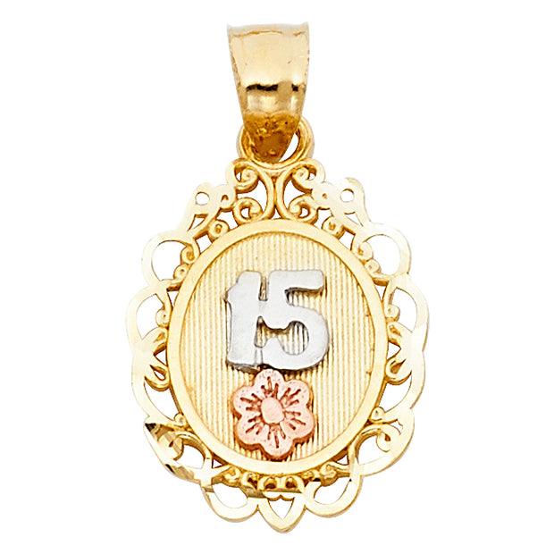14K Gold Quinceanera Round Pendant with 2.3mm Hollow Cuban Chain