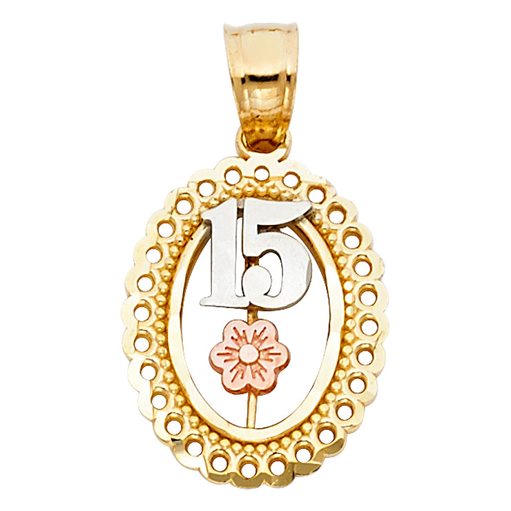 14K Gold Quinceanera Round Pendant with 2.1mm Valentino Chain