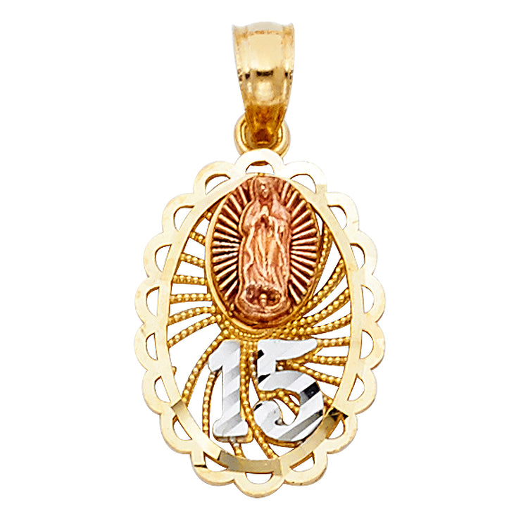 14K Gold Quinceanera Virgin Mary Round Pendant with 2mm Figaro 3+1 Chain