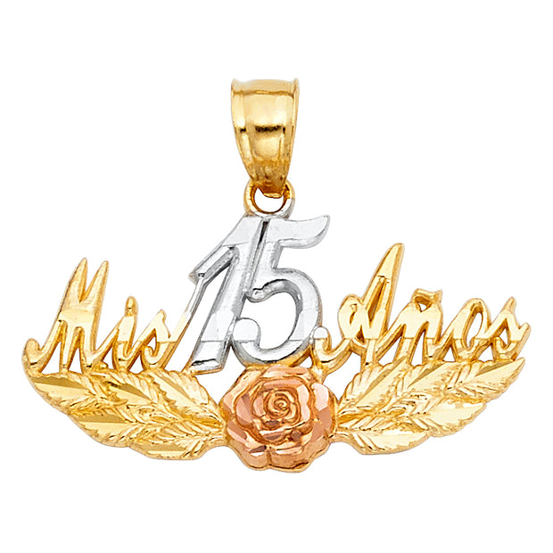 14K Gold Sweet 15 Years Quinceanera Mis 15 Anos Charm Pendant with 0.8mm Box Chain Necklace