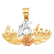 14K Gold Quinceanera Mis 15 Anos Pendant with 2mm Figaro 3+1 Chain