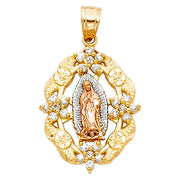 14K Gold Guadalupe CZ Charm Pendant with 1.1mm Wheat Chain Necklace