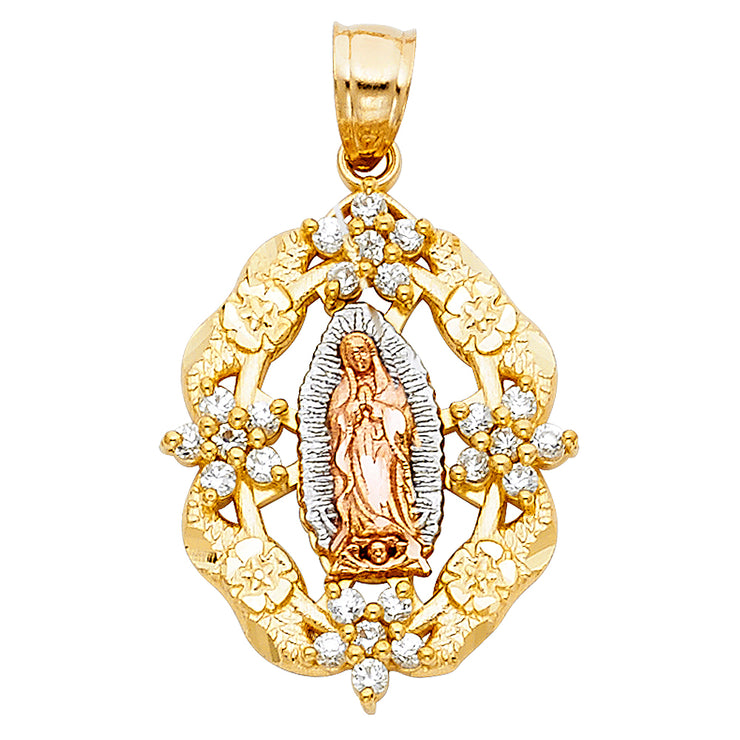 14K Gold Guadalupe CZ Charm Pendant with 1.1mm Wheat Chain Necklace