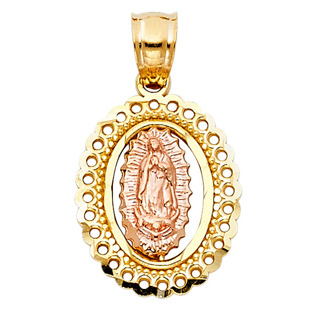 14K Gold Guadalupe Charm Pendant with 0.9mm Wheat Chain Necklace
