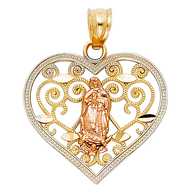 14K Gold Religious Guadalupe Charm Pendant with 0.8mm Box Chain Necklace