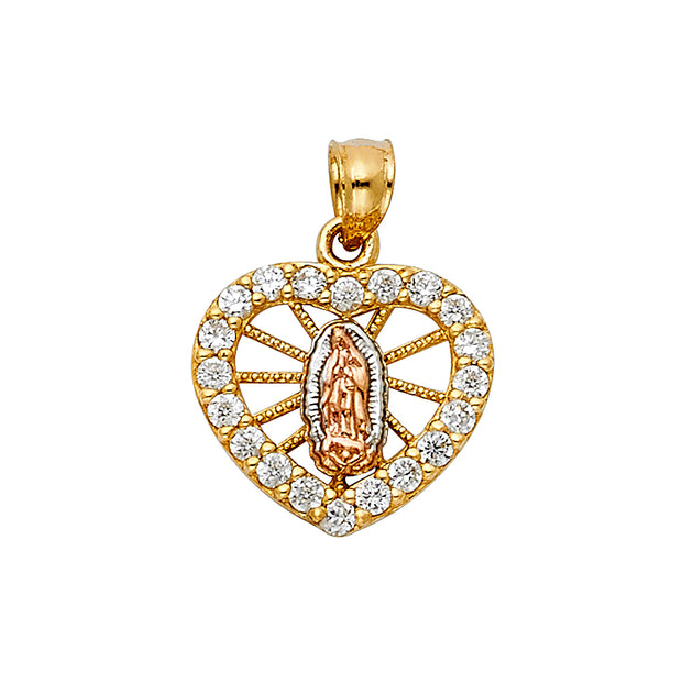 14K Gold Religious Guadalupe Heart CZ Charm Pendant with 0.8mm Box Chain Necklace