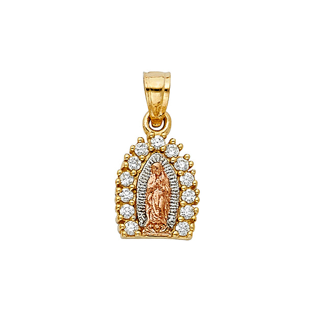 14K Gold Religious Guadalupe CZ Charm Pendant with 0.6mm Box Chain Necklace