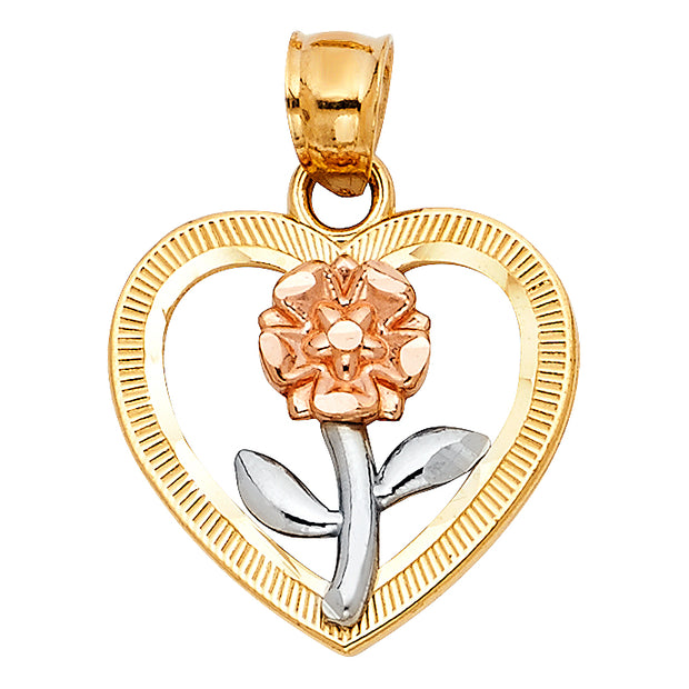 14K Gold Flower in Heart Charm Pendant with 1.1mm Wheat Chain Necklace