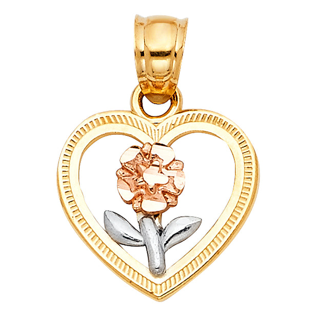 14K Gold Flower in Heart Pendant with 2.3mm Hollow Cuban Chain