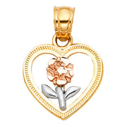 14K Gold Flower in Heart Pendant with 2mm Figaro 3+1 Chain