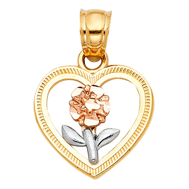 14K Gold Flower in Heart Charm Pendant with 0.8mm Box Chain Necklace