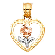 14K Gold Flower in Heart Charm Pendant with 0.9mm Wheat Chain Necklace