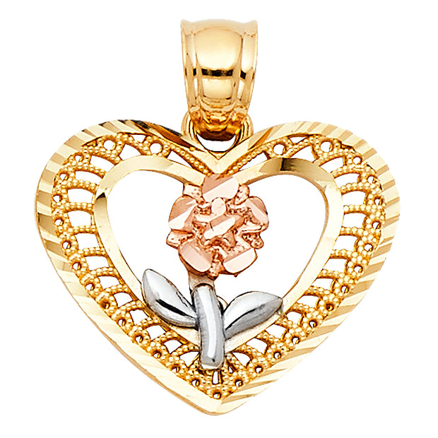 14K Gold Flower in Heart Pendant with 2.3mm Hollow Cuban Chain