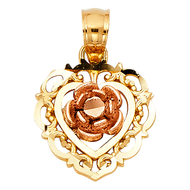 14K Gold Rose Flower Charm Pendant with 0.9mm Wheat Chain Necklace