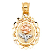 14K Gold Flower Round Pendant with 2.3mm Hollow Cuban Chain