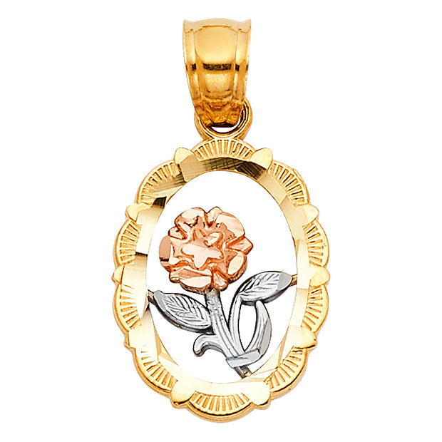14K Gold Flower Round Pendant with 2mm Figaro 3+1 Chain