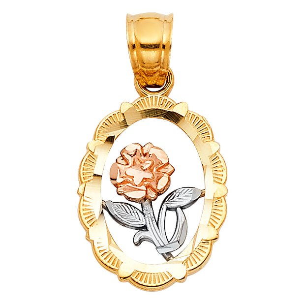 14K Gold Flower Round Pendant with 2.3mm Hollow Cuban Chain