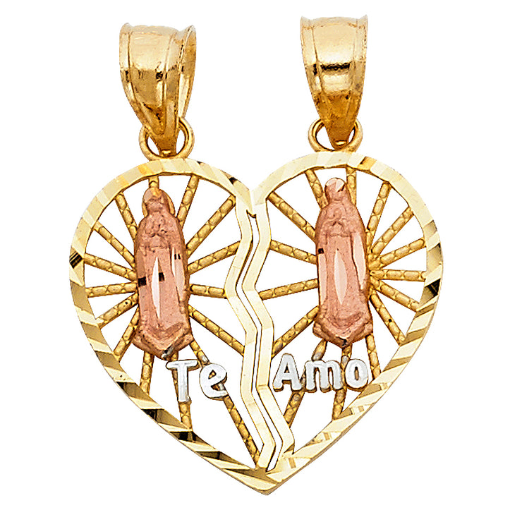 14K Gold Guadalupe Broken Heart Te Amo Pendant with 2.3mm Hollow Cuban Chain