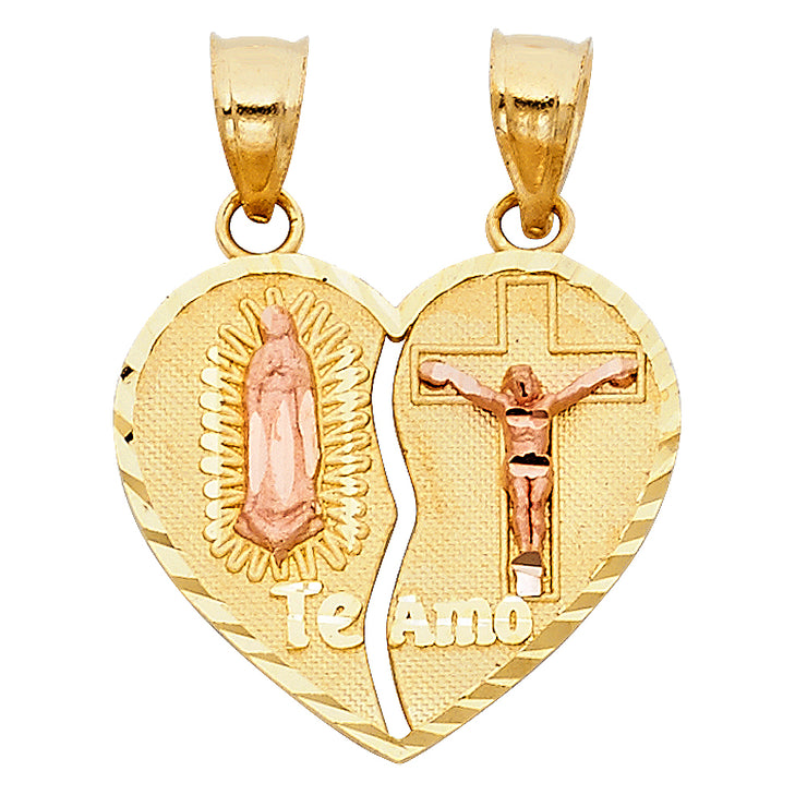 14K Gold Guadalupe Jesus Broken Heart Te Amo Pendant with 1.2mm Singapore Chain