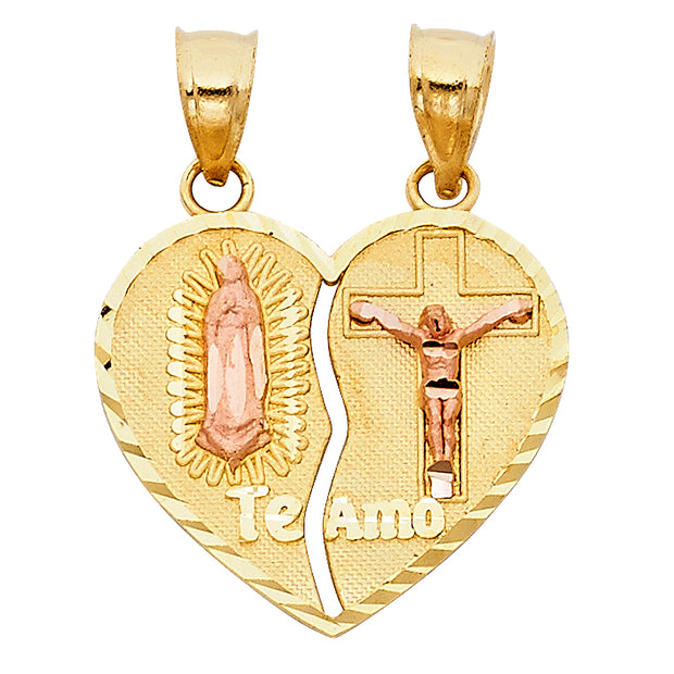 14K Gold Guadalupe Jesus Broken Heart Te Amo Charm Pendant with 1.1mm Wheat Chain Necklace