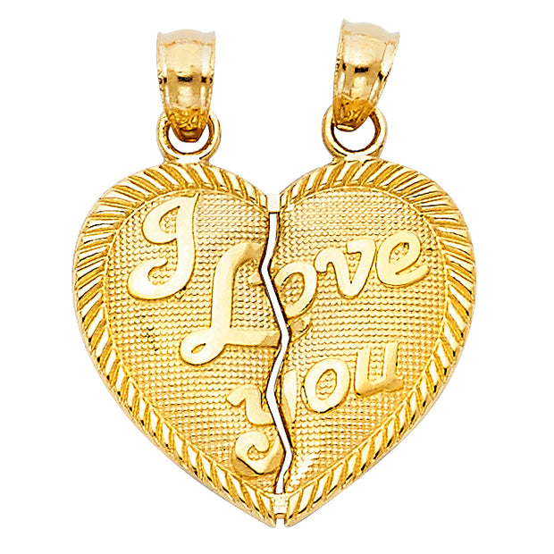 14K Gold 'I Love You' Couple Broken Heart Pendant with 1.5mm Flat Open Wheat Chain