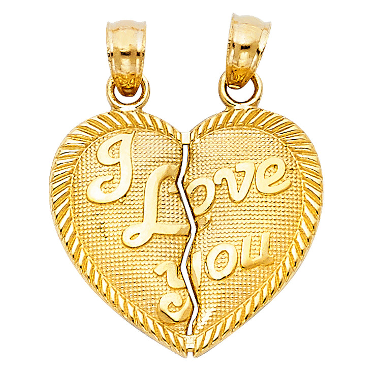 14K Gold 'I Love You' Couple Broken Heart Pendant with 1.5mm Flat Open Wheat Chain