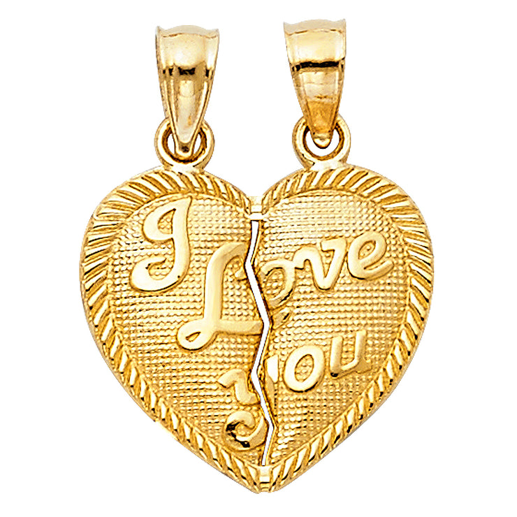 14K Gold Small 'I Love You' Couple Broken Heart Pendant with 0.9mm Singapore Chain