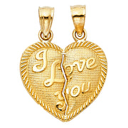 14K Gold Small 'I Love You' Couple Broken Heart Pendant with 1.2mm Flat Open Wheat Chain