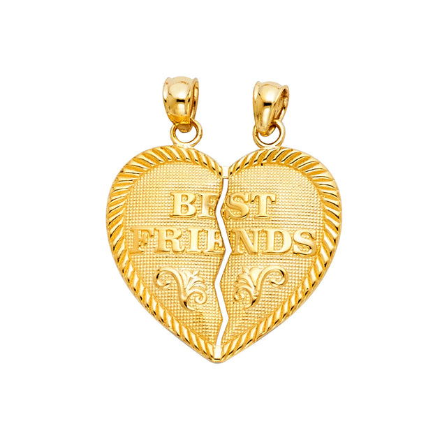 14K Gold 'BEST FRIENDS' Broken Heart Pendant with 2.3mm Figaro 3+1 Chain