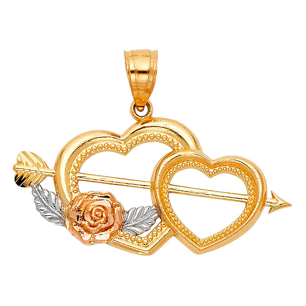 14K Gold Heart With Cupid Arrow Pendant with 1.5mm Flat Open Wheat Chain