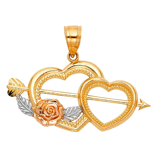 14K Gold Heart With Cupid Arrow Pendant with 2mm Figaro 3+1 Chain