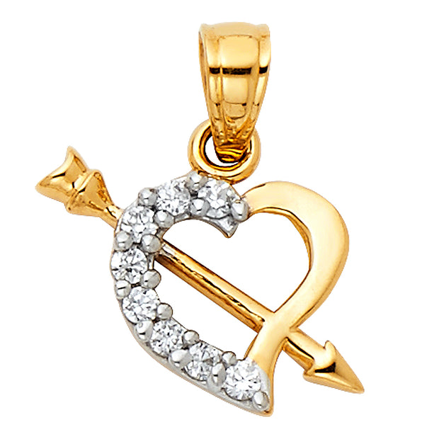 14K Gold CZ Heart With Cupid Arrow Pendant with 1.2mm Flat Open Wheat Chain