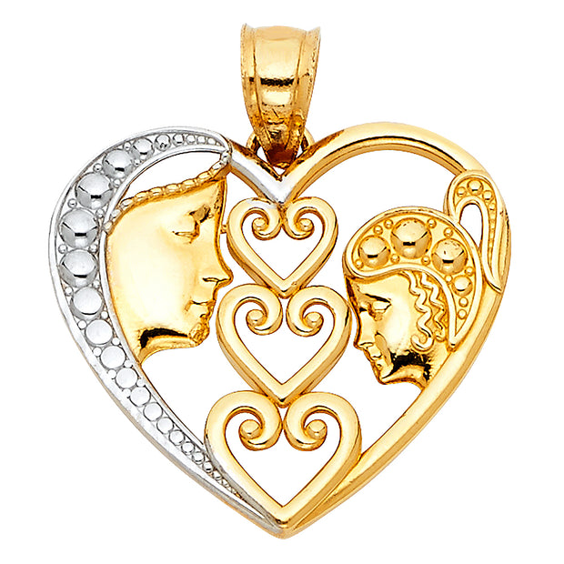 14K Gold Heart Mom & Daughter Pendant with 2.3mm Figaro 3+1 Chain