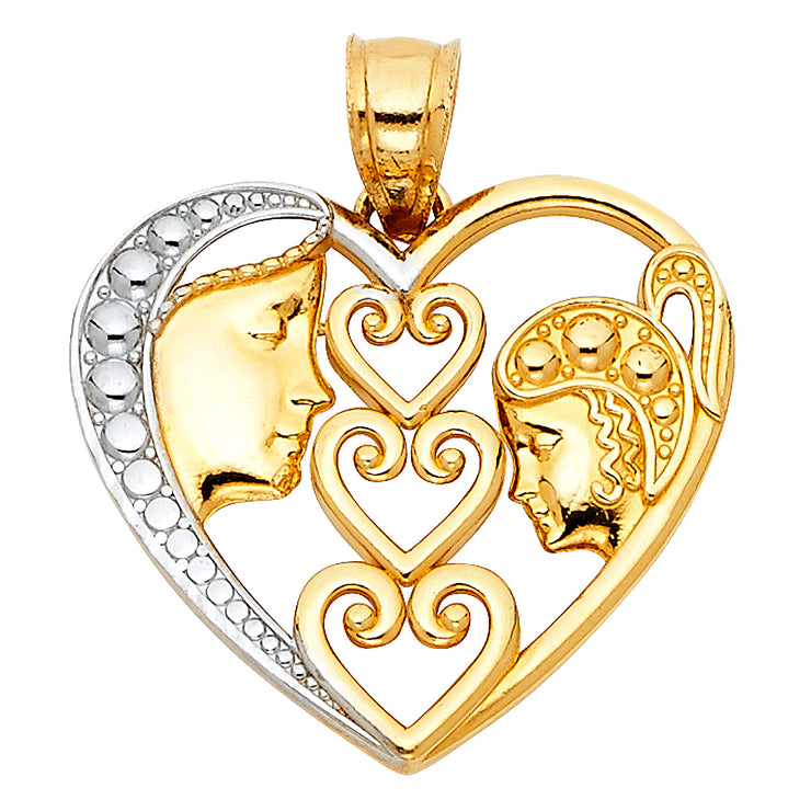 14K Gold Heart Mom & Daughter Pendant with 1.5mm Flat Open Wheat Chain