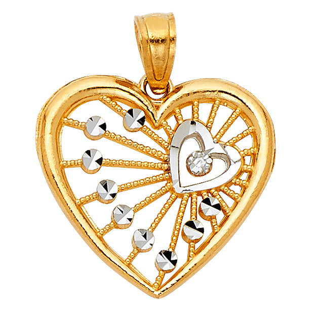 14K Gold Fancy Webbed Heart Charm Pendant with 0.8mm Box Chain Necklace