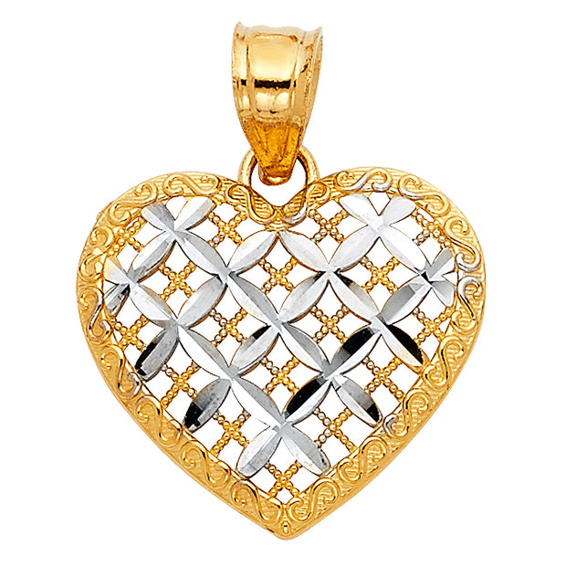 14K Gold Fancy Checkered Heart Charm Pendant with 0.9mm Wheat Chain Necklace
