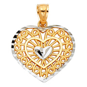 14K Gold Fancy Inside Heart Charm Pendant with 0.9mm Wheat Chain Necklace